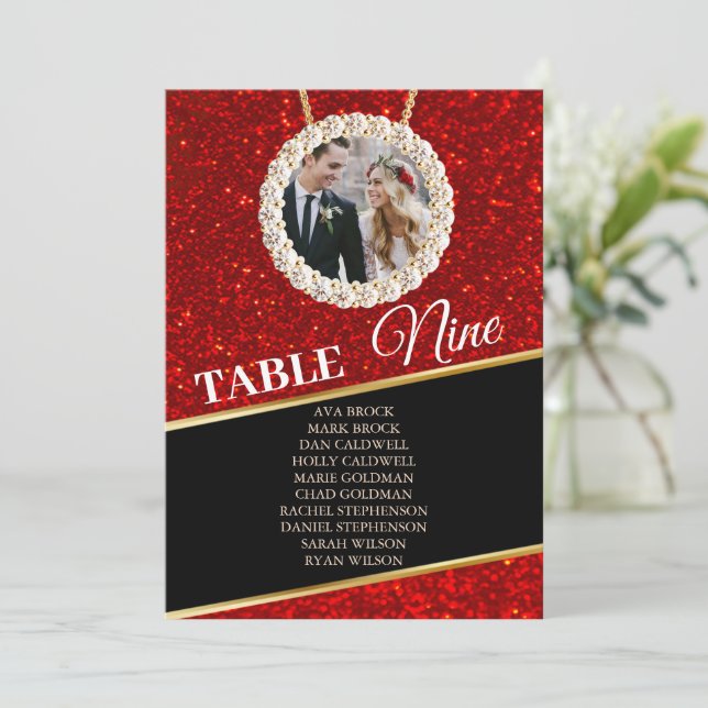 Elegant Red Black Glitter Photo Seating Chart Card (Standing Front)
