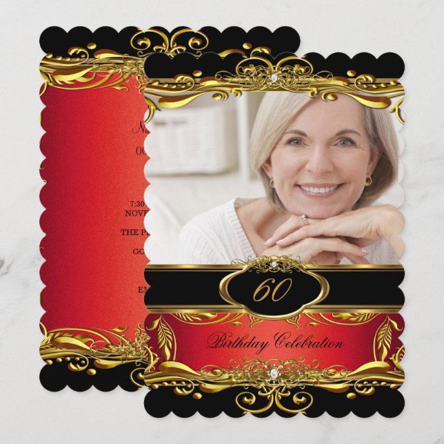 Elegant Red Black Gold 60th Birthday Party Invitation (Front/Back)