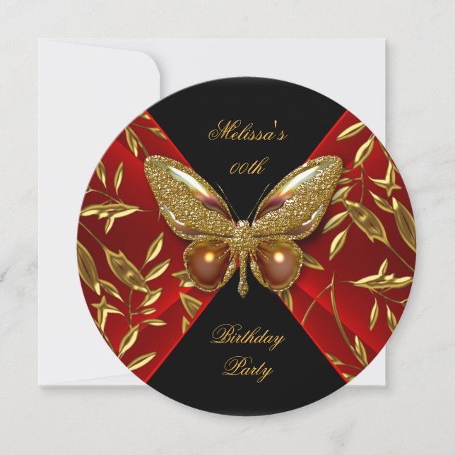 Elegant Red Black Gold Butterfly Birthday Party Invitation (Front)