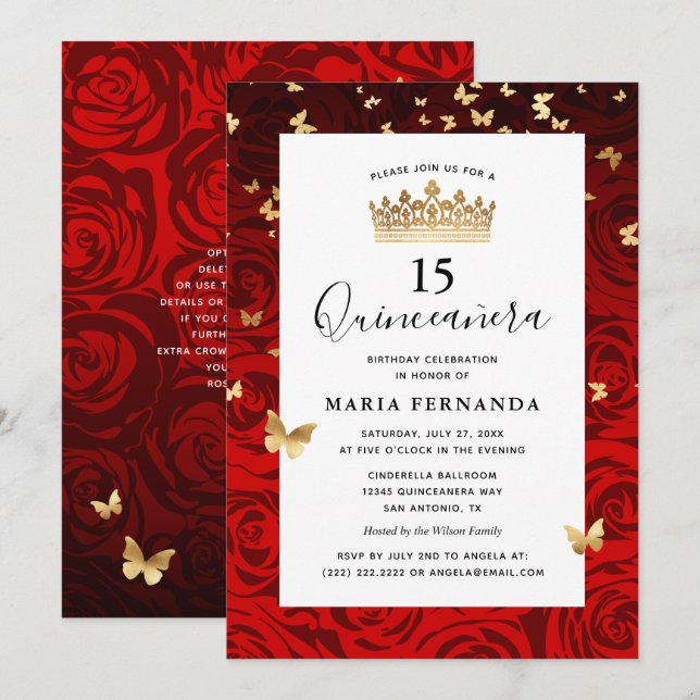 Elegant Red Black Gold Crown Floral Quinceanera Invitation (Front/Back)