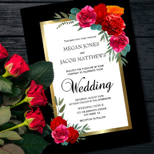 Elegant Red Black Gold Floral Wedding Invitation