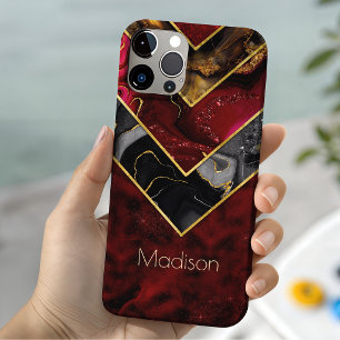 Elegant red black gold girly geometric iPhone 15 Case
