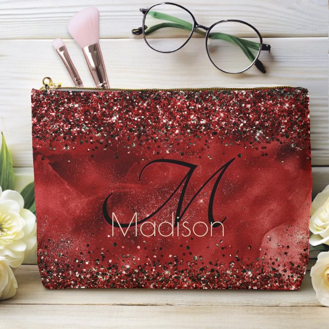  Elegant red black gold glitter monogram Accessory Pouch (Creator Uploaded)