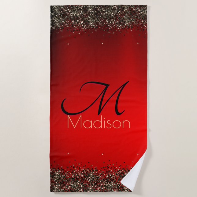  Elegant red black gold glitter monogram Beach Towel (Front)