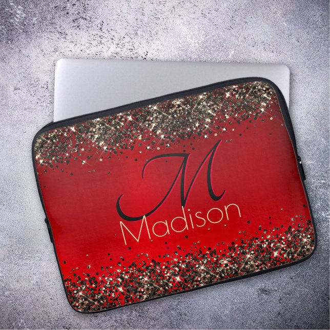  Elegant red black gold glitter monogram Laptop Sleeve (Creator Uploaded)