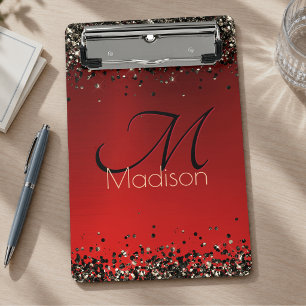 Elegant red black gold glitter monogram Mini Clipboard