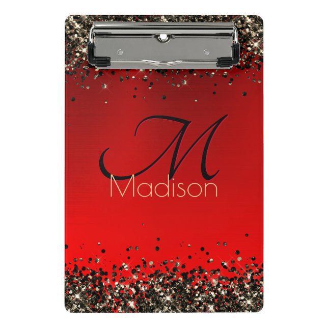  Elegant red black gold glitter monogram Mini Clipboard (Front)