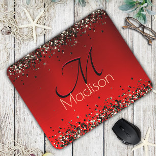  Elegant red black gold glitter monogram Mouse Mat