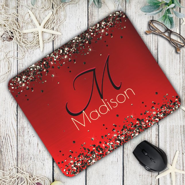  Elegant red black gold glitter monogram Mouse Mat (Creator Uploaded)