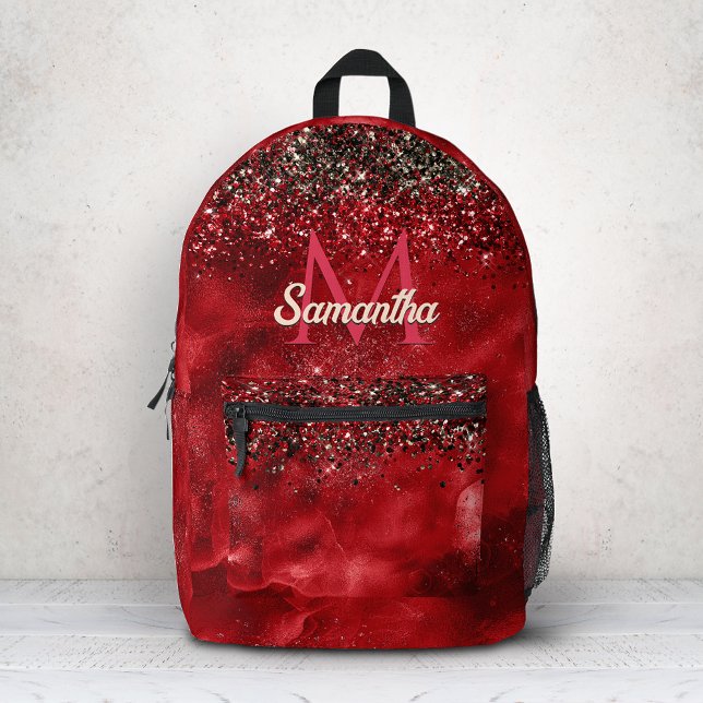 Elegant red black gold glitter monogram printed backpack (Creator Uploaded)