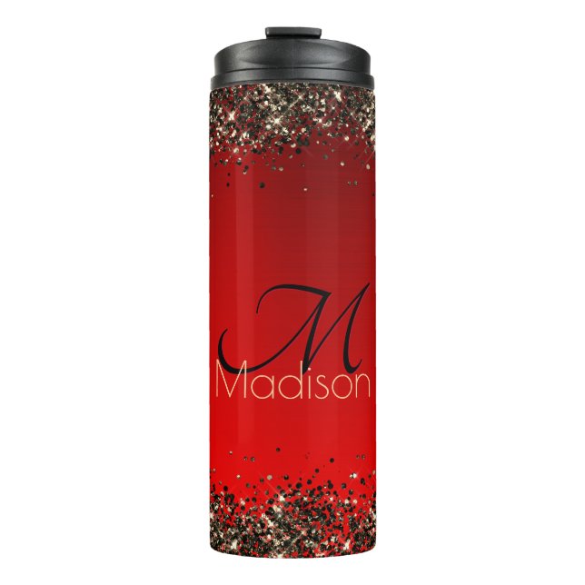  Elegant red black gold glitter monogram Thermal Tumbler (Front)