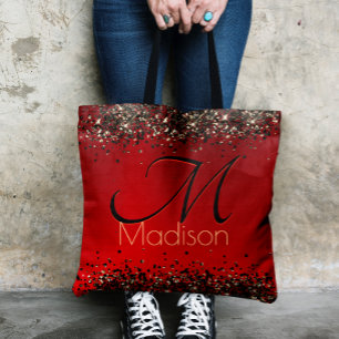 Elegant red black gold glitter monogram Tote Bag