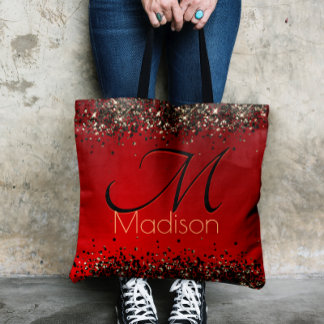  Elegant red black gold glitter monogram Tote Bag