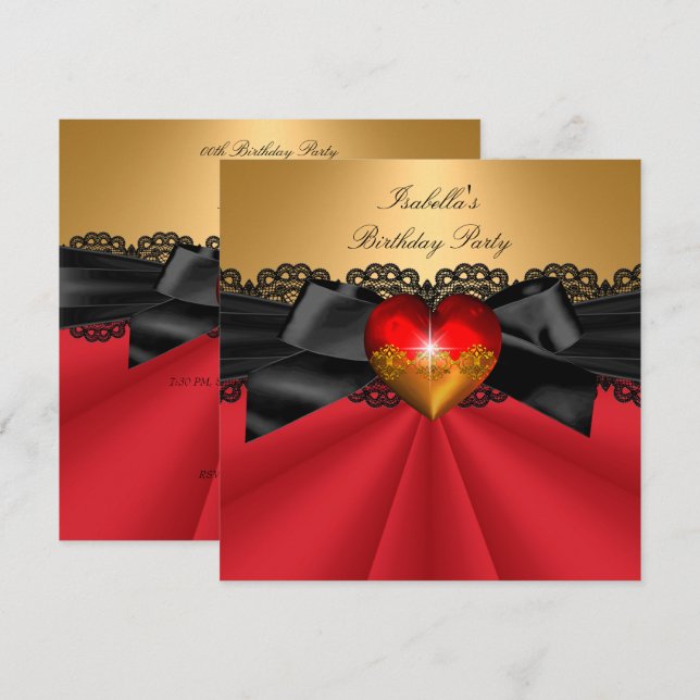 Elegant Red Black Gold Heart Birthday Party Invitation (Front/Back)