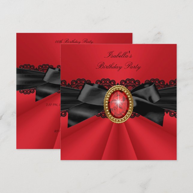Elegant Red Black Gold Jewel Birthday Party Invitation (Front/Back)
