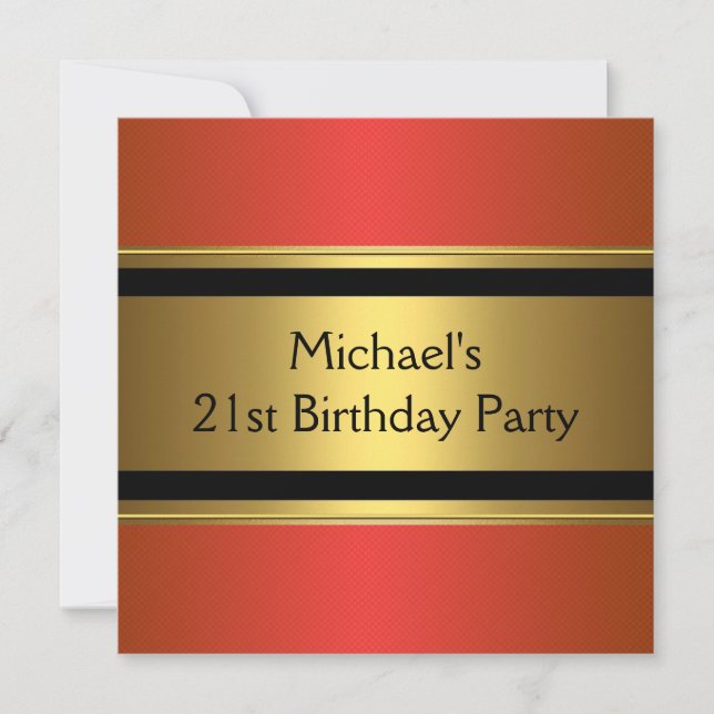 Elegant Red Black & Gold Metal 21st Birthday Invitation (Front)