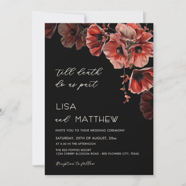 Elegant Red Black Goth Wedding Invitation (Front)