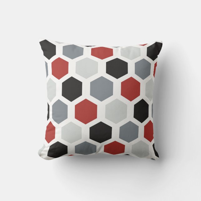 Elegant Red, Black & Grey Hexagon Pattern Cushion (Front)