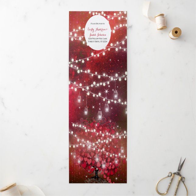 Elegant Red & Black Heart Leaf Wedding Tri-Fold Invitation (Outside)