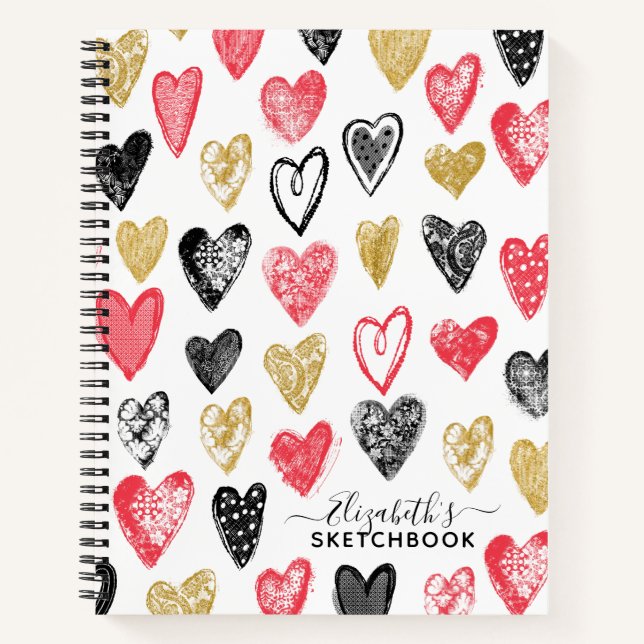 Elegant Red Black Hearts Your Name Sketchbook Notebook (Front)