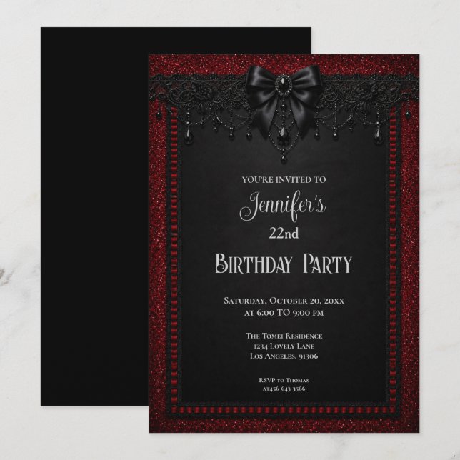 Elegant Red Black Lace Birthday Invitation (Front/Back)