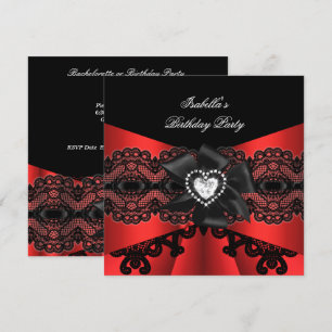 Elegant Red Black Lace Diamond Bow Birthday Party Invitation