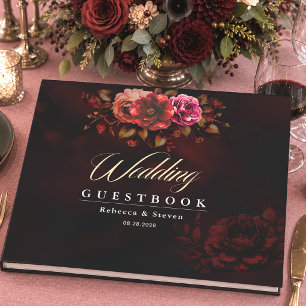 Elegant red black moody floral wedding guest book