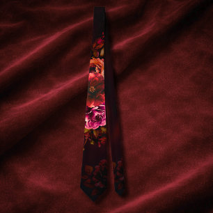 Elegant red black moody floral wedding tie
