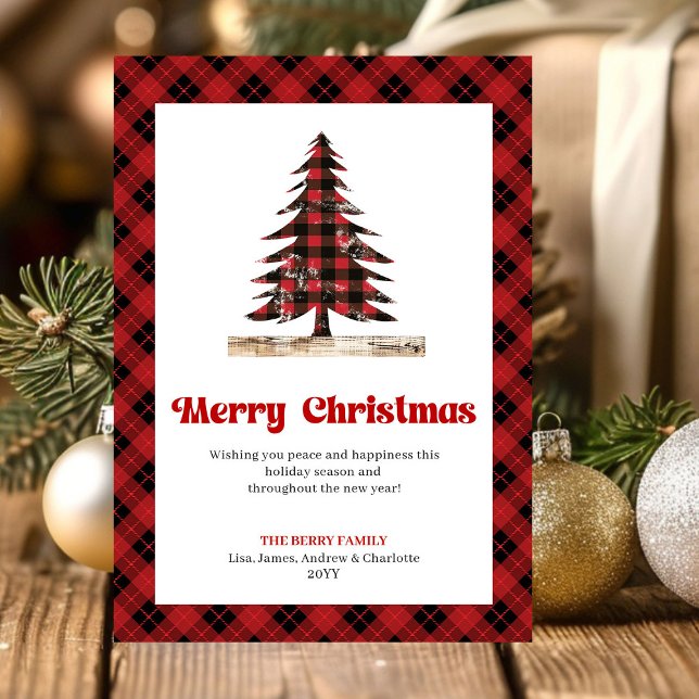 Elegant Red Black Plaid Christmas Tree Greeting Holiday Card (Elegant Red Black Plaid Christmas Tree Greeting)