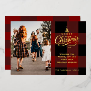 Elegant Red & Black Plaid Family Photo Christmas Foil Holiday Card