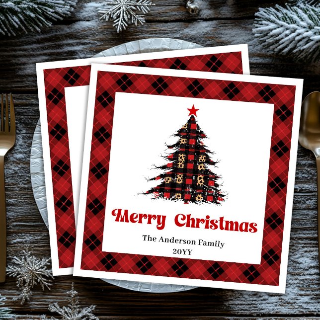Elegant Red Black Plaid Tree Napkin Editable (Elegant Red Black Plaid Tree Napkin Editable)