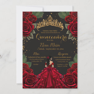 Elegant Red Black Quinceañera Roses Gold Glitter Invitation