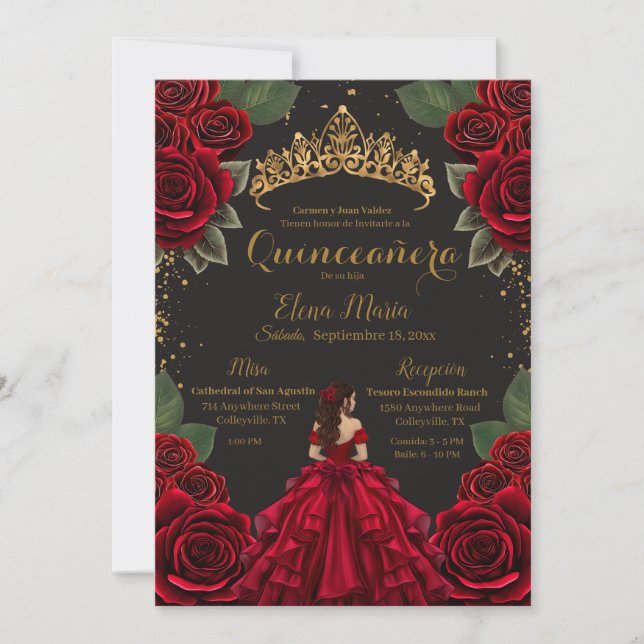 Elegant Red Black Quinceañera Roses Gold Glitter Invitation (Front)
