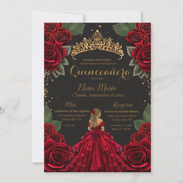 Elegant Red Black Quinceañera Roses Gold Glitter Invitation (Front)