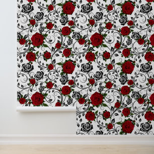 Elegant Red & Black Rose Floral Vintage Wallpaper