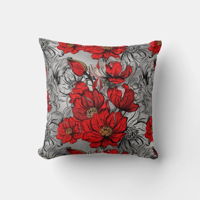 Elegant Red Black  Rose Flower pattern Silver Cushion (Front)