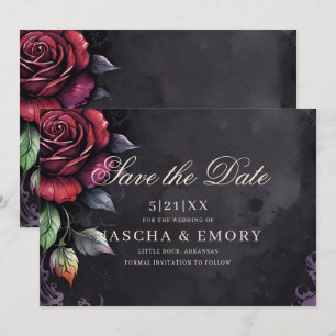 Elegant Red & Black Roses Gothic Wedding Save The Date