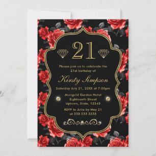 Elegant Red & Black Roses with Gold Frame Birthday Invitation