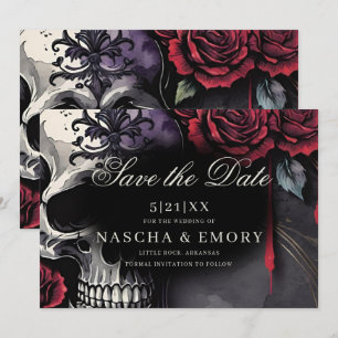 Elegant Red & Black Skull Roses Gothic Wedding Save The Date
