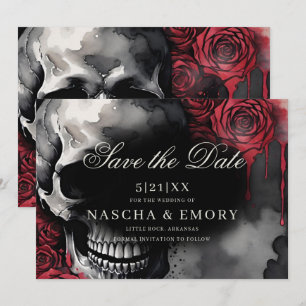 Elegant Red & Black Skull Roses Gothic Wedding Save The Date
