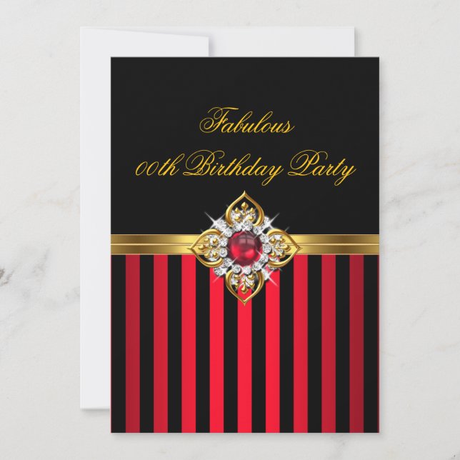 Elegant Red Black Stripe Gold Red Pearl Birthday Invitation (Front)