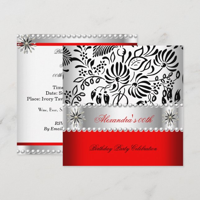 Elegant Red Black White Damask Pearl Party Invitation (Front/Back)