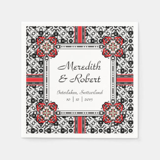 Elegant Red, Black, White Folk Damask Wedding Napkin