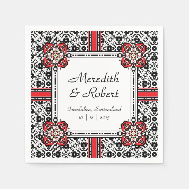 Elegant Red, Black, White Folk Damask Wedding Napkin (Front)