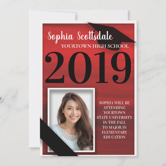 Elegant Red Black White Graduation Announcement (Front)