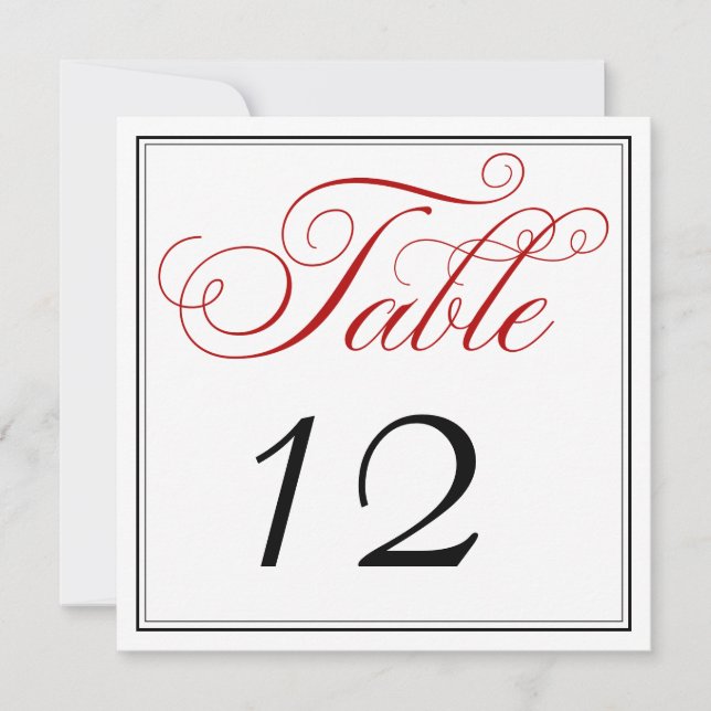 Elegant Red Black & White Script Table Number Card (Front)