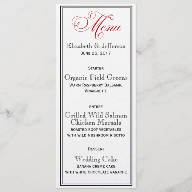 Elegant Red Black & White Script Wedding Menu Card (Front)
