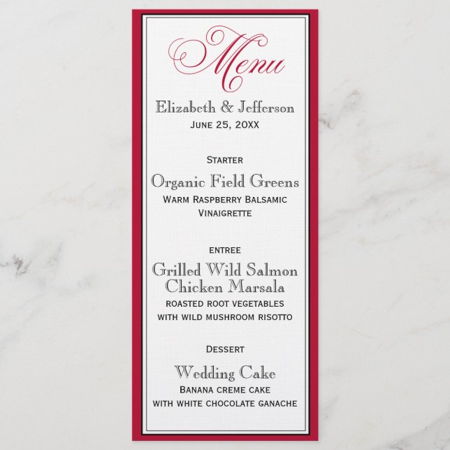 Elegant Red Black & White Script Wedding Menu Card (Front)