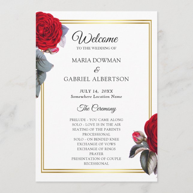 Elegant red blossom rose. Botanical Wedding Programme (Front)