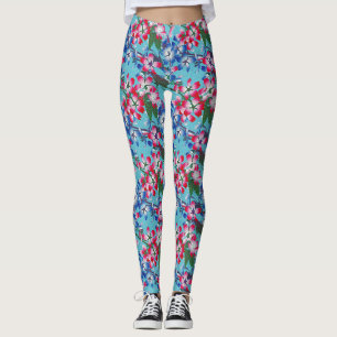 Elegant Red Blue And White Flower Leggings